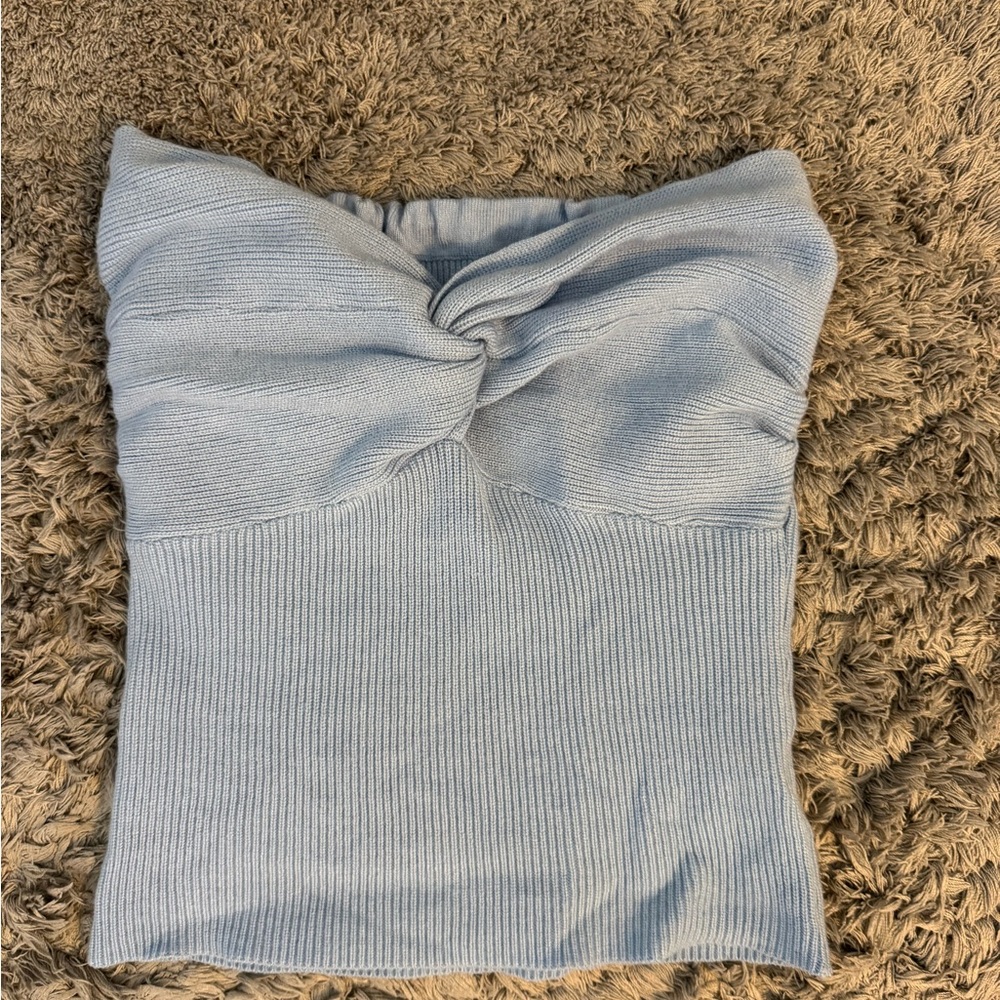 Strapless Twist Front Knit Tube Top - Light Blue